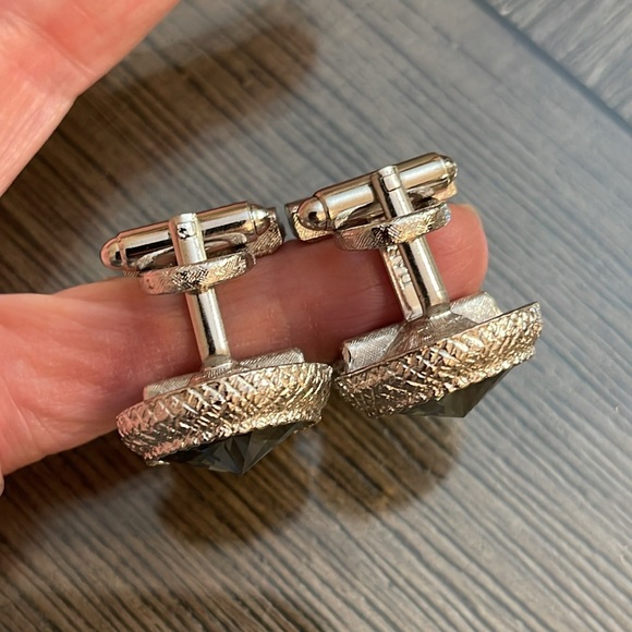 Vintage Silver-tone DANTE Bold Frame Blue Rivoli Glass Stone Mesh Wrap Cufflinks - Picture 14 of 16